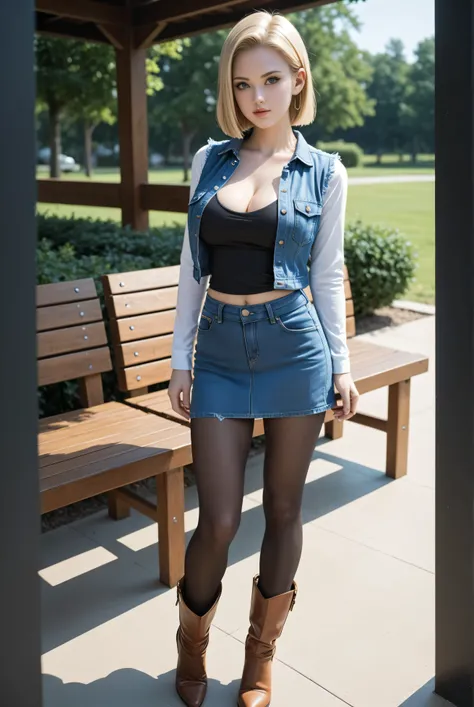 (One girl),  (Android 18), (Standing next to bench), (Blonde hair), (Sexy girl), (She wearing light blonde hair), (Medium length hush cut hair), (Her slender legs and stylish short western cow-girl boots are clearly visible under the mini denim skirt she i...