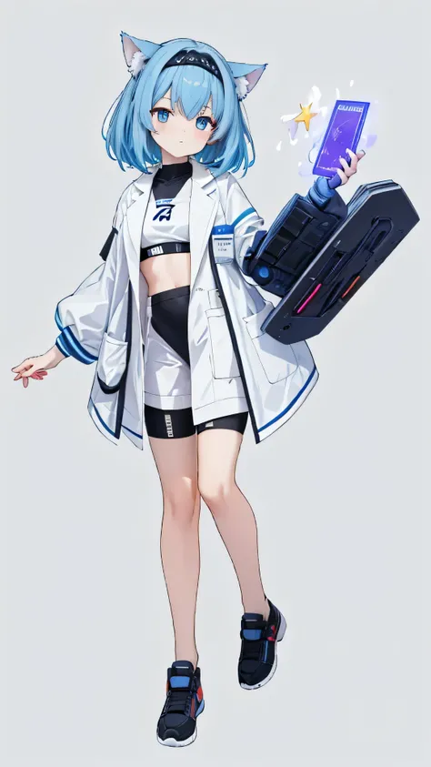 sci-fi anime style, Leng Xingming(short blue gradient hair with star hairpins, lab coat over techwear crop top, goggles glowing with binary codes), standing in holographic lab with floating equation fragments, holding test tube sprouting crystalline flower...