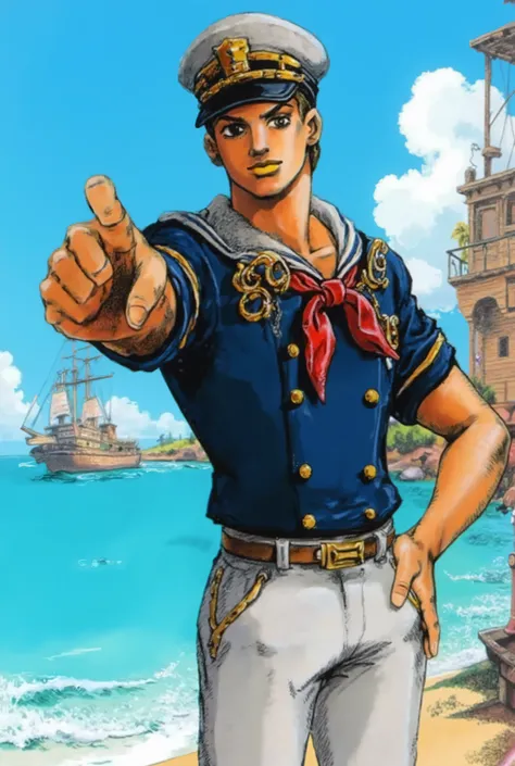 just josuke wearing a seafaring outfit pointing at you with a sailor hat and fix the arms