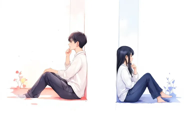 masterpiece,best quality,high resolution,super fine Illustration,
detailed background,detailed skin,detailed face,detailed eye,
1girl and 1boy,sitting a leaning against the wall, sitting with your back to each other each other,be lost in thought, ephemera...