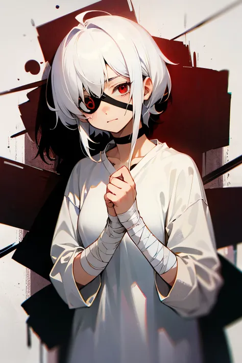 Girl, oversized white shirt, white hair, red eyes, shy and timid, bandaged hands, bandaged throat, white eyepatch