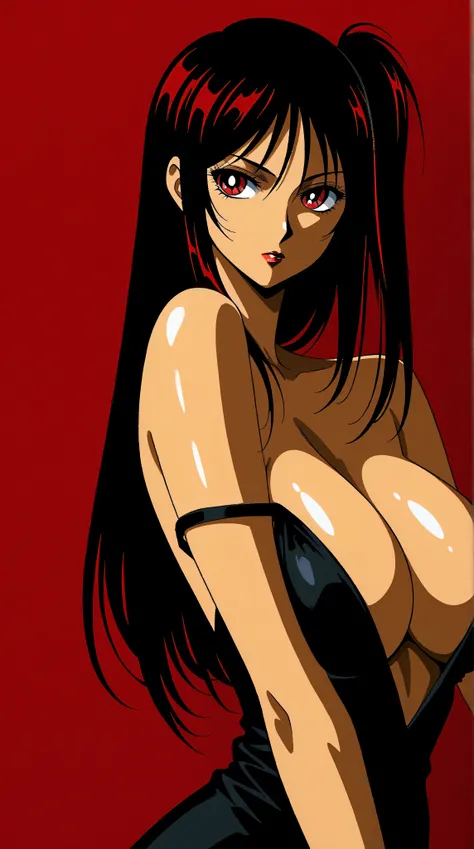 Kizi，Highly detailed, Amazing work，Vitreous luster,((clean backdrop))，In black，(((red colors)))，white color，Best quality at best，clean backdrop, shiny skin, goth, plunging neckline, huge breasts, cleavage, style retro classic, master piece:1.5、(minimal art...