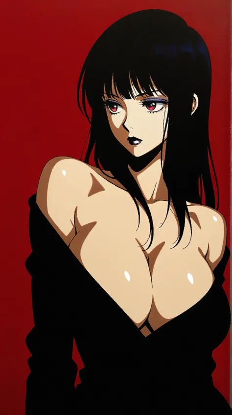 Kizi，Highly detailed, Amazing work，Vitreous luster,((clean backdrop))，In black，(((red colors)))，white color，Best quality at best，clean backdrop, shiny skin, goth, plunging neckline, huge breasts, cleavage, style retro classic, master piece:1.5、(minimal art...