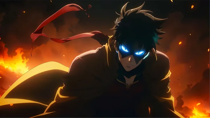  anime character with glowing eyes and a red cape,  screenshot of the anime movie, epic anime scene 8k hd ,  an epic anime about an energy man ,  screenshot from an anime movie ,  screenshot of an anime gore , Frame from the anime, anime rudo 8K, Still fro...