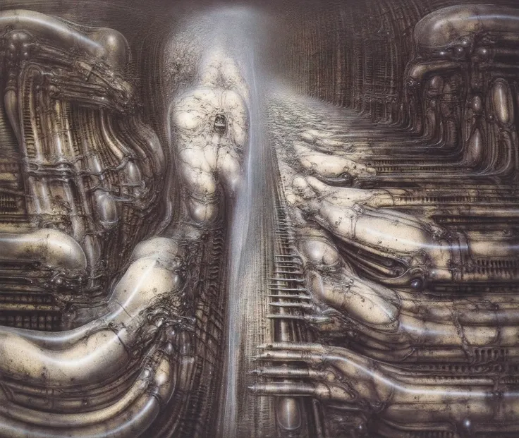 Please reproduce the original image as accurately as possible, capturing the intricate details of the biomechanical structures, the dramatic lighting, and the overall sense of unease. Find and enhance depiction of Giger's demons and creatures.(best quality...