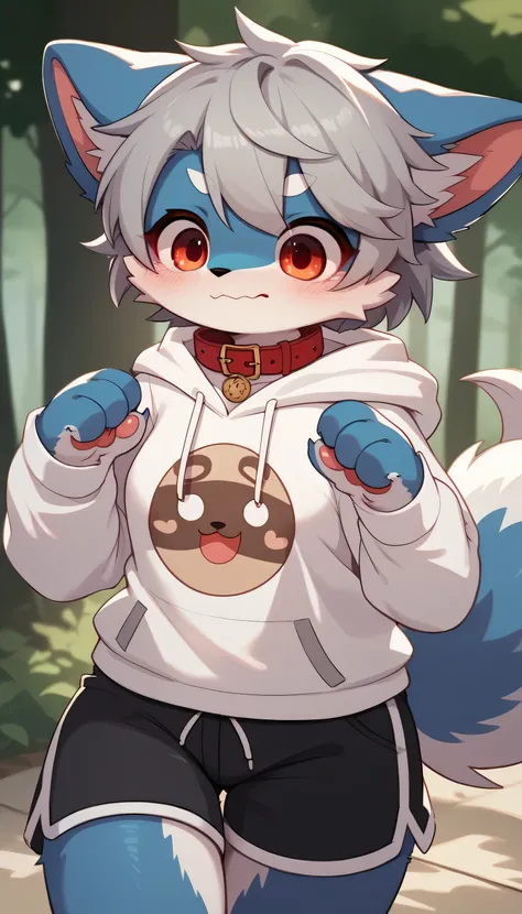    dancing happily in detail , gray hair and gray fur  ,   blue fur  , The Blue Wolf ,  Shemono  ,Age 15,Participation,  red collar fell to the floor ,   cute face,Female fur, fluffy fur  , 3 cute furry creatures dance  ！Horny boy ,Forest Background,   emb...