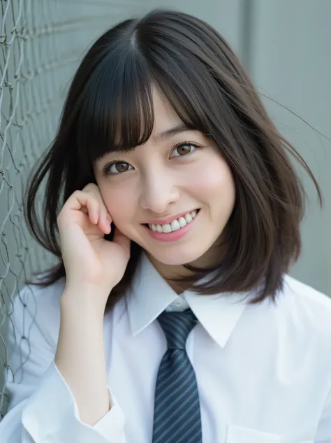 has semi-long hair and white skin next to her 、 Japanese woman with semi-long white skin 、Kanna , and her hair was fluttering like . she was wearing light makeup , has semi-long hair and white skin next to her , Snow white skin . 彼女は細身inす、 in...