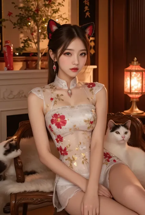 Cat ears、 face up、((( Lying in Bed)))  attractive,   pretty girl, ponytail、  ((   fine facial features  , eroticism)),   dramatic lighting    ,  realistic , 8k,     Dramatic Shadows  ,    intricate and elaborate patterns     ,      super detailed photo    ...
