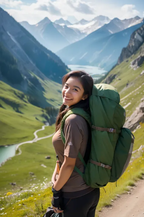 A beautiful smiling woman is carrying a backpack on a mountain road in the Rocky Mountains, Hiking Clothing, Dressed in adventuring gear, Dressed in adventuring gear, with backpack,   Girl standing at the top of the mountain  ,  mountain tree 々Solo Hiking ...