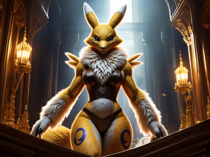 ((macro)), back, wide hips, thick thighs, Renamon, a humanoid fox digimon, stands alone in the scene. The Renamon has soft fur, which is shown in exquisite detail, highlighting its playful and vibrant facial expression and its charming, mischievous eyes. T...