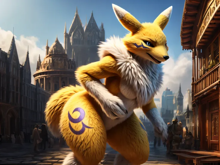 ((macro)), back, wide hips, thick thighs, Renamon, a humanoid fox digimon, stands alone in the scene. The Renamon has soft fur, which is shown in exquisite detail, highlighting its playful and vibrant facial expression and its charming, mischievous eyes. T...