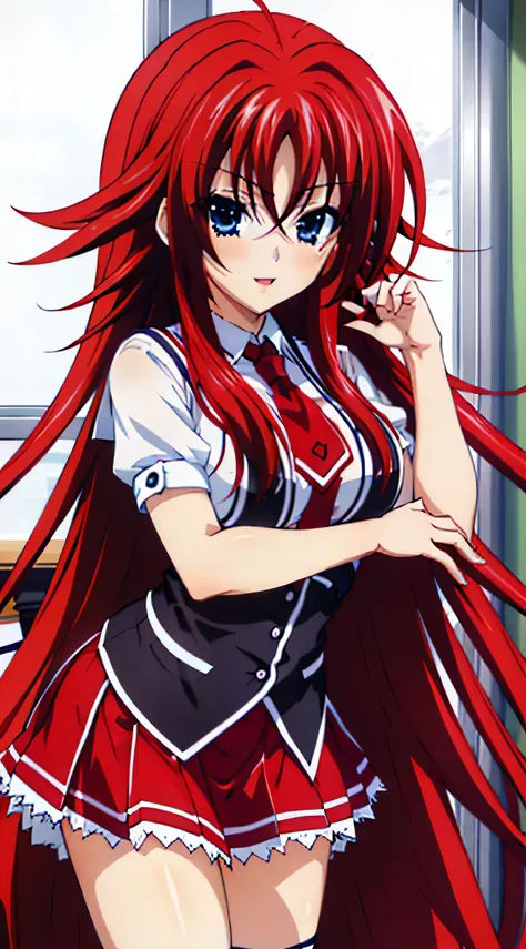  masterpiece,  the best quality, rostro  beautiful, extra detailed face,  beautiful,  detailed hair and eyes, 
1 girl,  red hair,  long hair, choke,makeup gremory dxd, very  long hair,  blue eyes,  big breasts,
(dxd clothes:1.4),  school uniform, skirt,  w...