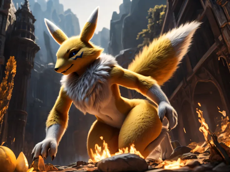 ((macro)), back, wide hips, thick thighs, Renamon, a humanoid fox digimon, stands alone in the scene. The Renamon has soft fur, which is shown in exquisite detail, highlighting its playful and vibrant facial expression and its charming, mischievous eyes. T...