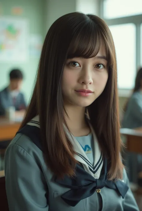 4K, masterpiece, top quality, detailed description, photorealistic, natural light, girl, Hashimoto Kanna, school uniform, Watch viewers, from the front ,classroom