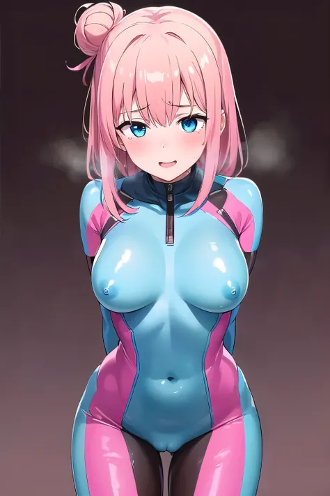 1girl,Samus aran,solo,blue eyes, pink hair, forehead hair, Black red body suit Made of chocolate, black heels, pink hair in a low bun, pink background, shy smile, (Bending forward to give chocolate slightly:1.2),(cowboy shot:1.2),blush,,ultra-detailed, sha...