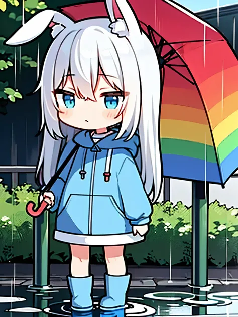 (In 8K, Best Quality, Master Piece:1.2), Ultra High Resolution,1 girl,solo,(chibi:1.4),ultra-detailed face,detailed eyes,(holding a rainbow color umbrella:1.2),(half-closed eyes:1.2),jitome,parted lips,white hair,long hair,blue eyes,hair between eyes,light...