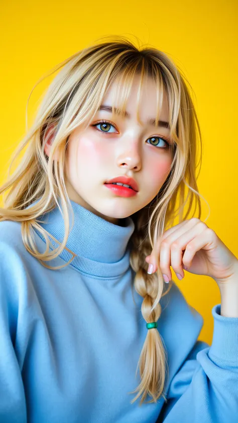 8k, masterpiece, highest quality, Korea's Beautiful Women, Close-up, eye-level, stylized, feminine, blonde, braids, pigtails, partially hidden face, large eyes, green eyes, high-necked, blue sweatshirt, puffy sleeves,  neutral expression, shy,  bright, cle...