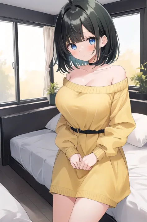 Girl who looks like an elementary, yellow outfits , 160 cm tall, black hair with a slight pink tinge, short ahoge, beautiful hair but with a little hair sticking out, beautiful round eyes, blue eyes, boyish, big breasts,  short hair, ish face, a little shy...