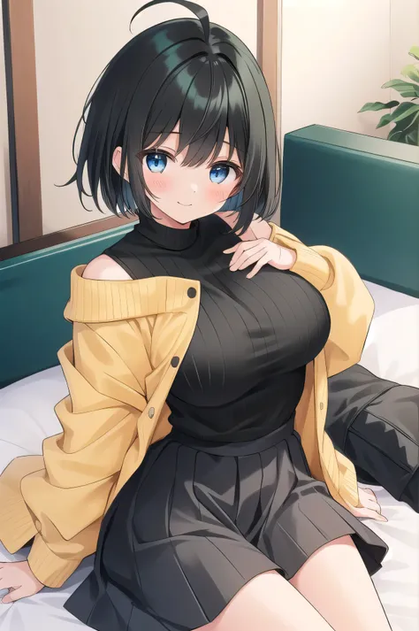 Girl who looks like an elementary, yellow outfits , 160 cm tall, black hair with a slight pink tinge, short ahoge, beautiful hair but with a little hair sticking out, beautiful round eyes, blue eyes, boyish, big breasts,  short hair, ish face, a little shy...