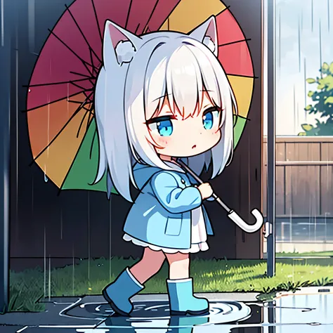 (In 8K, Best Quality, Master Piece:1.2), Ultra High Resolution,1 girl,solo,(chibi:1.4),ultra-detailed face,detailed eyes,detailed fingers,(holding a rainbow color umbrella:1.2),(half-closed eyes:1.2),jitome,parted lips,white hair,white rabbit ears,long hai...