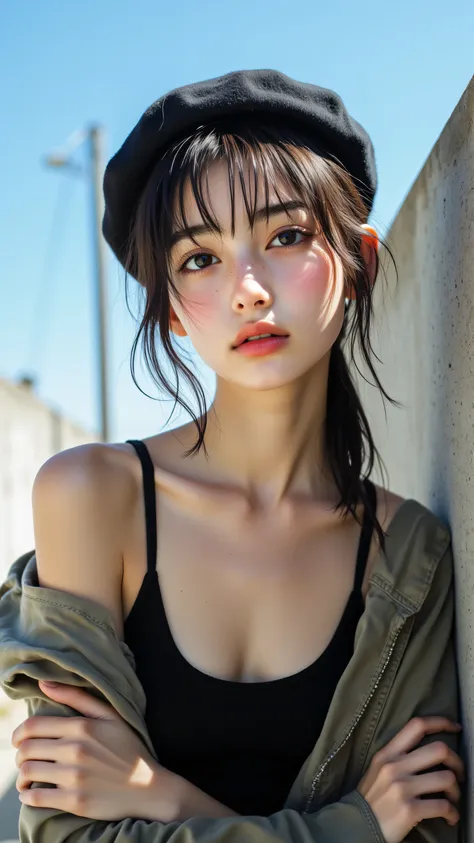 8k, masterpiece, highest quality, Korea's Beautiful Women, slightly low angle.  Straight-on gaze.  Smooth skin, large eyes, delicate features, neutral expression. Beret, black tank top, khaki jacket. Relaxed pose, arms crossed.  Simple background, blue sky...