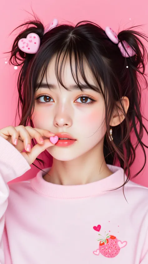 8k, masterpiece, highest quality, Korea's Beautiful Women, kawaii style, pink background, heart decorations, paw prints, space buns hairstyle, pink hair clips, bright makeup, colorful eyeshadow, strawberry icon, coffee cup icon, dreamy expression, soft lig...