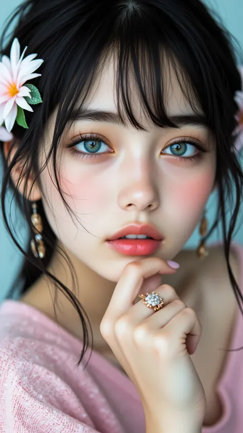 8k, masterpiece, highest quality, Korea's Beautiful Women, Close-up,  frontal,  dark hair,  white streak, pastel pink blush, defined eyebrows, white eyebrow accent, shimmery green eyeshadow, floral hair adornments, flower nail accessories, dangling earring...