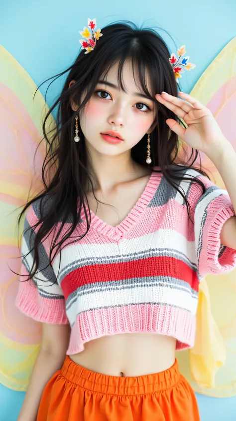 8k, masterpiece, highest quality,  Korea's Beautiful Women, Close-up, dark hair, decorative hair pieces, bright makeup, hand on forehead, cropped striped knit top, pink, red, white, black band, short ruffled orange skirt, dangling earrings, large fairy win...