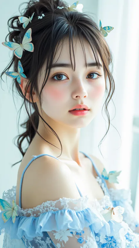 8k, masterpiece, highest quality,  Korea's Beautiful Women, serene, delicate features, light blue, sheer gown, floral embellishments, butterflies, flowers,  serene pose,  soft focus, light background.