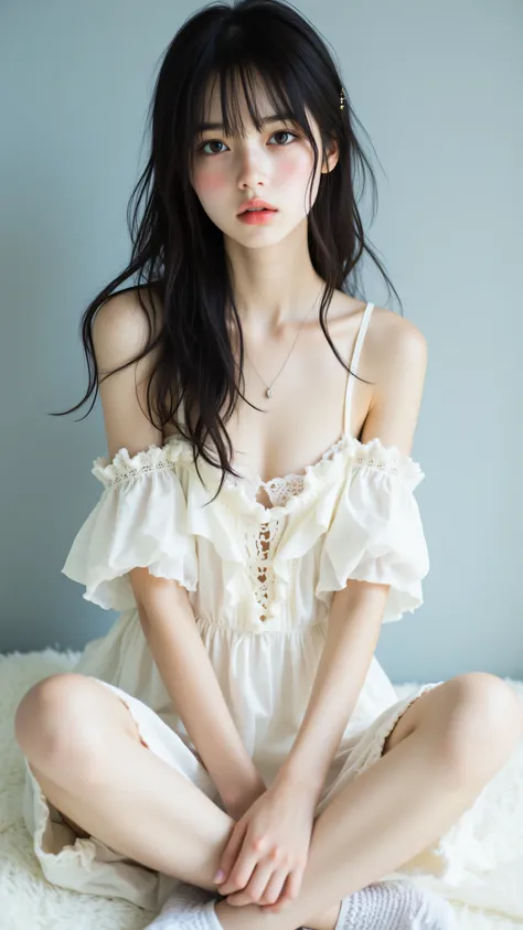 8k, masterpiece, highest quality,  Korea's Beautiful Women, Low angle,  dark hair, fair skin, serious expression, off-white dress, ruffled details, lace bodice, thin straps, subtle necklace, hair accessory, white socks,  light blue-grey background, fluffy ...