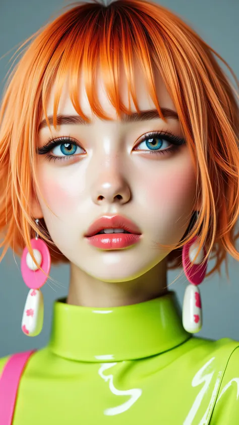 8k, masterpiece, highest quality,  Korea's Beautiful Women, Close-up, frontal, stylized, short bob, orange-blonde hair, turquoise eyeshadow, black eyeliner, pink lips, glossy lips, large earrings, pink accents, lime green choker, patent leather, bright, vi...