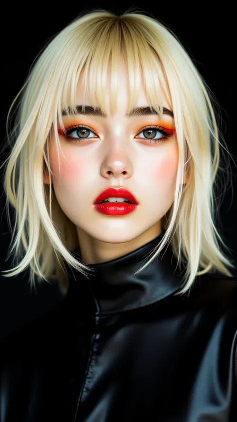 8k, masterpiece, highest quality,  Korea's Beautiful Women, Close-up, frontal, platinum blonde bob, yellow undertones, straight bangs, bold red lipstick, dramatic red winged eyeliner, red-orange eyeshadow, smooth skin, black high-necked top, patent leather...