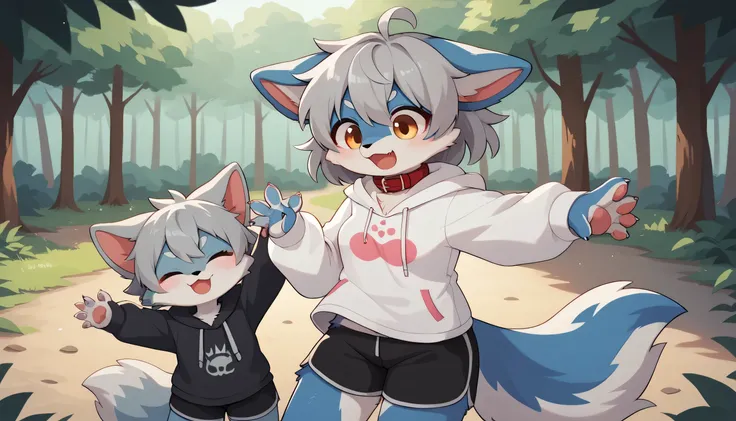    dancing happily in detail , gray hair and gray fur , blue fur  , The Blue Wolf ,Shemono ,Age 15,Participation, red collar fell to the floor , cute face,Female fur, fluffy fur ,2 cute furry creatures dance  ！Horny boy,Forest Background, embarrassed face,...