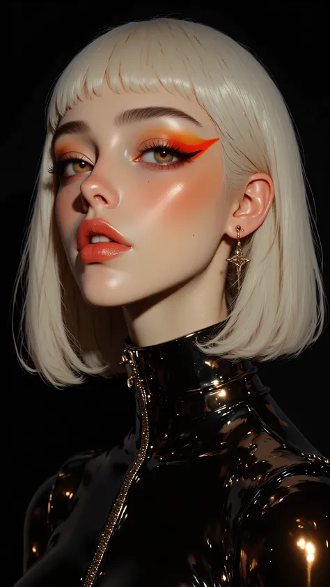 8k, masterpiece, highest quality,  Korea's Beautiful Women, Close-up, frontal, platinum blonde bob, yellow undertones, straight bangs, bold red lipstick, dramatic red winged eyeliner, red-orange eyeshadow, smooth skin, black high-necked top, patent leather...