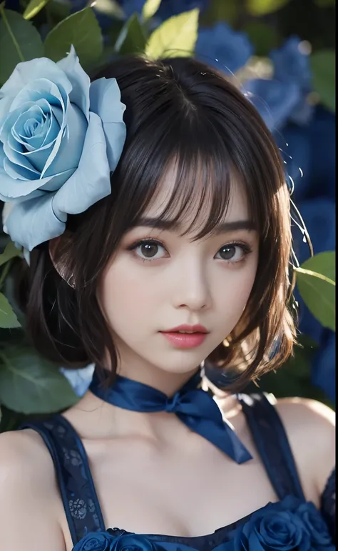  overall blue rose image 、 Generate an image of a woman in a blue rose dress。 The dress design is good 、There's little exposure .、The Woman&#39; the pose and expression are natural .、 super detailed face 、eye for details、 double eyelids、 beautiful thin nos...