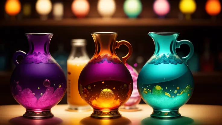 ( abstract pattern style potion :1.0) In one ( abstract pattern style goblet :0.9)  on counter
Colourful lighting, bokeh depth of field background , Colored particles 