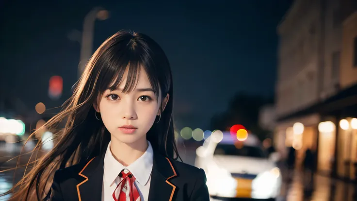 (Close up face shot of one slender small breasts two side up black medium hair bangs girl in long sleeves black school uniform:1.5)、(One girl is looking up the sky with crying face in the heavy rain midnight:1.5)、(Many car head lights are visible at skyscr...