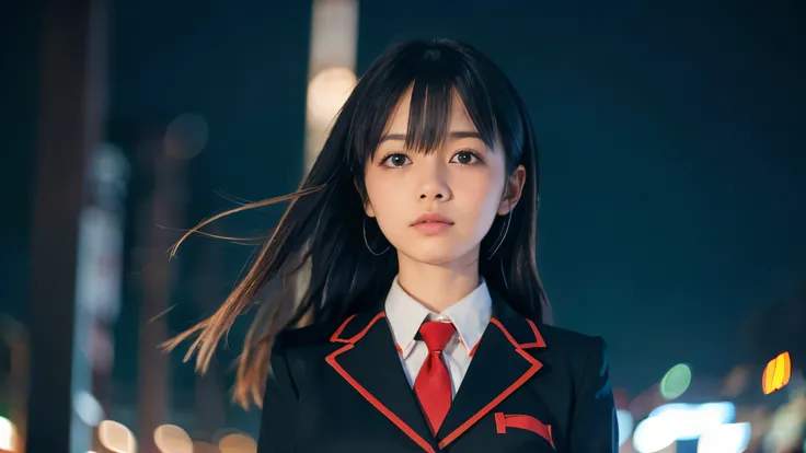 (Close up face shot of one slender small breasts two side up black medium hair bangs girl in long sleeves black school uniform:1.5)、(One girl is looking up the sky with crying face in the heavy rain midnight:1.5)、(Many car head lights are visible at skyscr...