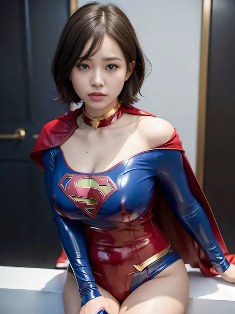  Masterpiece、Latex Supergirl Costume、 off shoulder 、Ultra short hair、 big, rich breasts 、 Shiny Sweaty Skin 、Facing the front 、 choker、Provocative cleavage、 Long Sleeve、Cape、Glamorous bare legs、The closeness of a young slutty supergirl being scrutinized in...