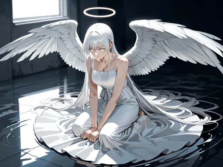 Angel girl with long wavy and shiny white hair, He has bright white eyes,  huge white wings and a long all-white dress, The girl is kneeling with a sad expression on her face looking down at the floor,  she is in a completely black empty place and waves of...