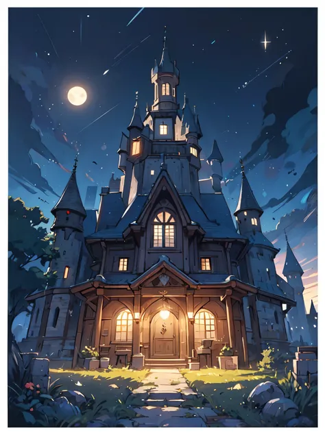 ( not human), background, Hogwarts, (Detailed castle:1.3), Ancient City, stone wall, In the room, open space, night , Moon is right , majestic atmosphere , 8K Art Photography, perfect configuration, pixiv fanboxでトレンド, Makoto Shinkai and Studio Ghibl...