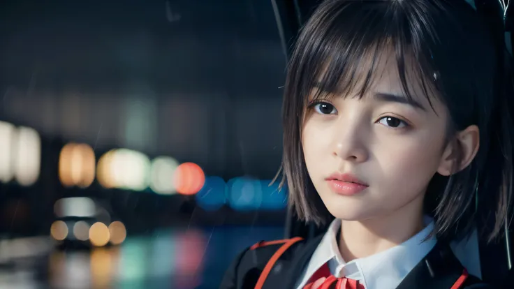 (Close up face shot of one slender small breasts two side up black medium hair bangs girl in long sleeves black school uniform:1.5)、(One girl is looking up the sky with crying face in the heavy rain midnight:1.5)、(Many car head lights are visible at skyscr...