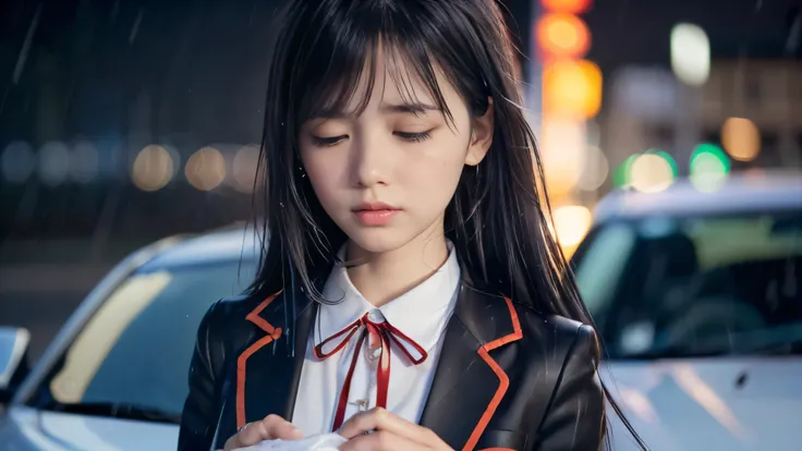 (Close up face shot of one slender small breasts two side up black medium hair bangs girl in long sleeves black school uniform:1.5)、(One girl is looking up the sky with crying face in the heavy rain midnight:1.5)、(Many car head lights are visible at skyscr...