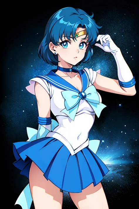  masterpiece,  top quality,  Hi-Res, ,  tiara ,  sailor warrior uniform ,  blue sailor color, bow,  knee boots,  choker, white gloves, blue  choker, elbow gloves,  jewelry,  earrings,  blue skirt from crotch, cowboy shot,  is standing, space_background