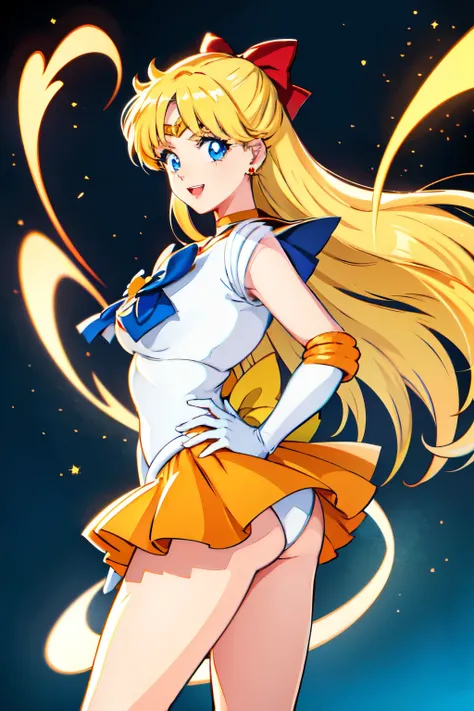  masterpiece,  top quality,  Hi-Res, venus1,  1 girl, Alone, セーラー senshi uniform, Sailor Venus ,  - ,  blonde hair,  Magic Girl,  blue eyes,  Orange Skirt,  elbow gloves ,  tiara ,  pleated skirt, hair bow, orange sailor collar,  miniskirt,  choker,  red r...