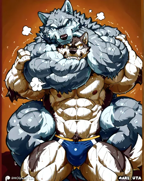 wolf wrestling against husky, wolf, bara, 4k ultra quality, 4k, masterpiece quality, choke hold, back_chokehold, choke hold (rnc), (sweaty, thick arms), muscular, male, two characters, bulging muscles, pained face, pain, struggling, speedos, bulge, looking...