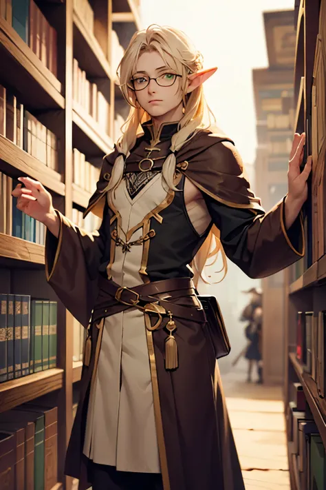 Male elf, long blonde hair, with round glasses, green eyes, adventurer robe, mage, fantasy, library, traveler, femboy