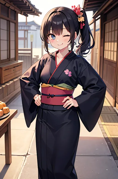  high quality　 high image quality　 Masterpiece　 beautiful girl　 black hair　 long side ponytail　Amber Eyes　 One Eye Closed　smile　 slouching forward　 with hands behind hips　yukata　Japanese style jacket 　merchant