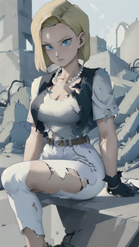 best quality, highres, and18, 1girl, android 18, solo, blonde hair, blue eyes, belt, jeans, pearl_necklace, bracelet, black gloves, white shirt, short hair, short sleeves, earrings, blue pants, open vest, black vest, large breasts, (ruins:1.3), (torn cloth...