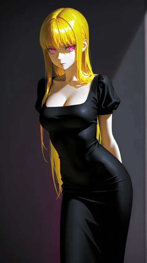  japanese expressionist sketch, 1 busty slender girl, cleavage, dress, long hair, neon color palette, pink eyes, yellow hair, arms behind back, 